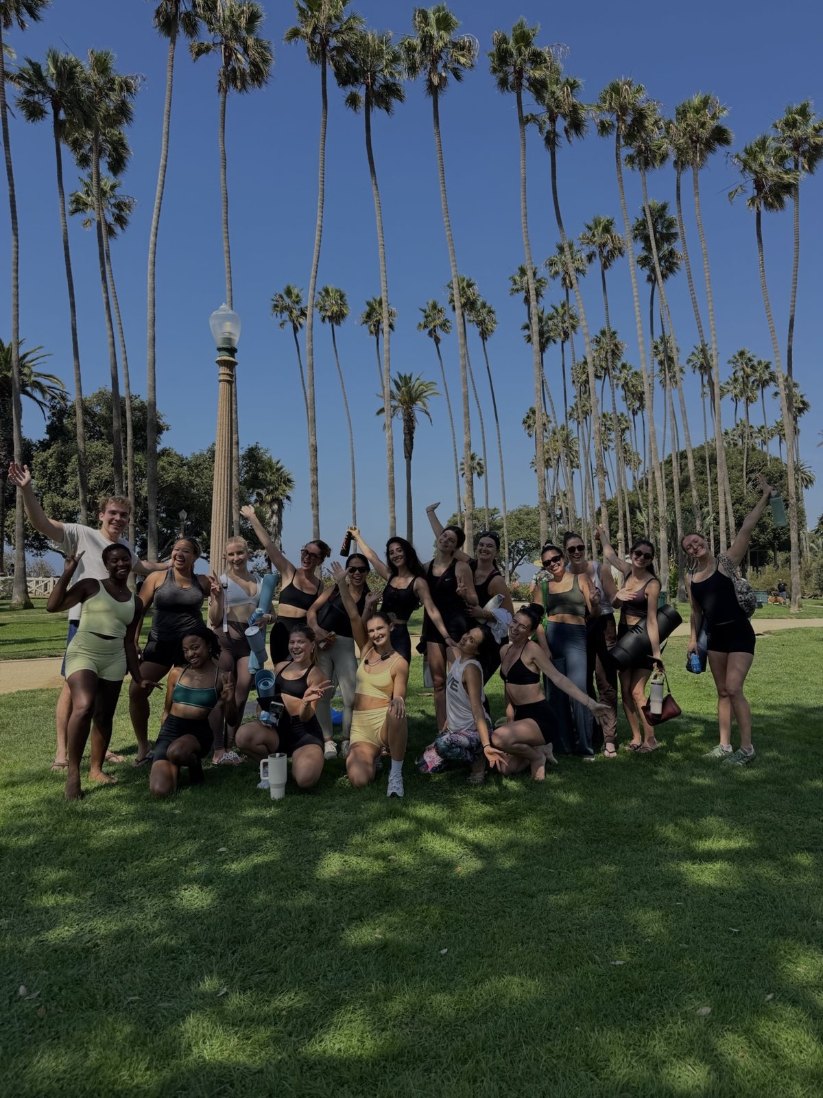A group posing together with yoga mats and water bottles on the grass beneath tall palm trees